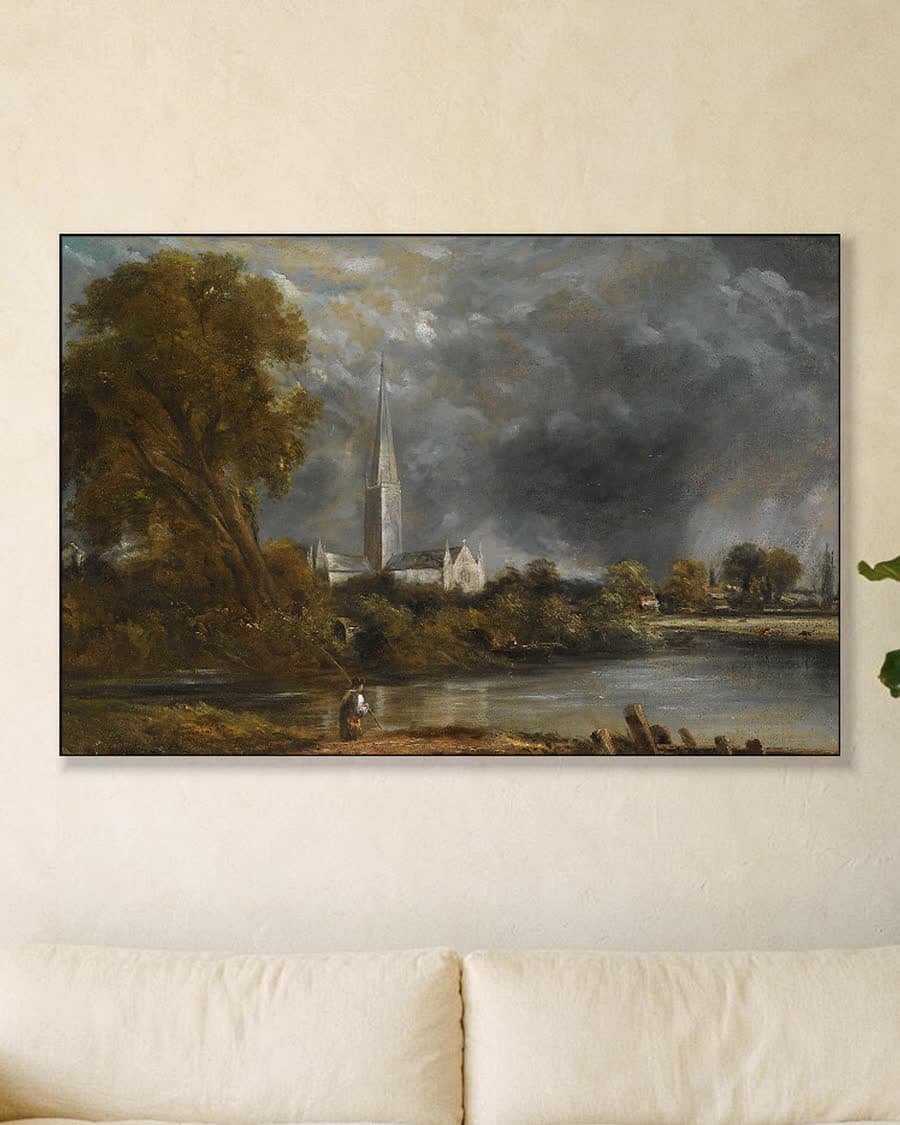 Salisbury Cathedral from the Meadows in een aluminium frame aan dezelfde muur
