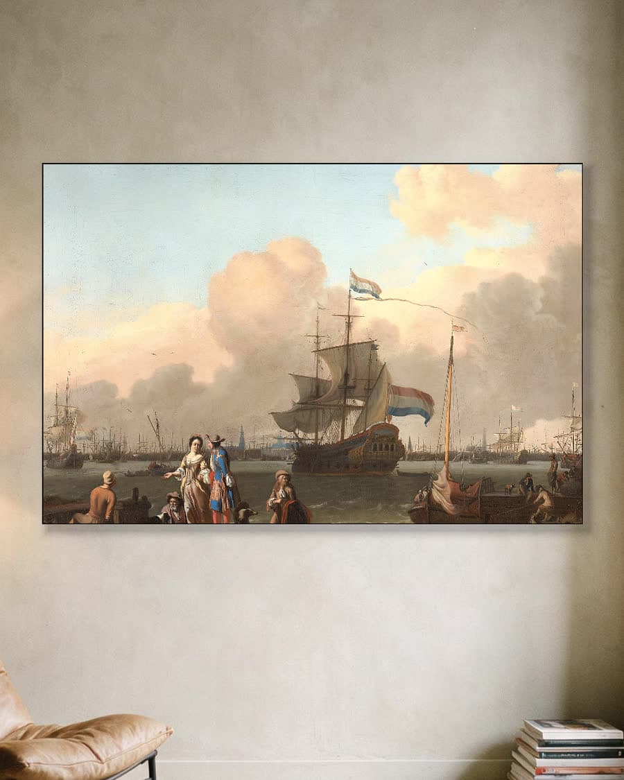 Het IJ bij Amsterdam met het fregat De Ploeg in een aluminium frame aan dezelfde muur