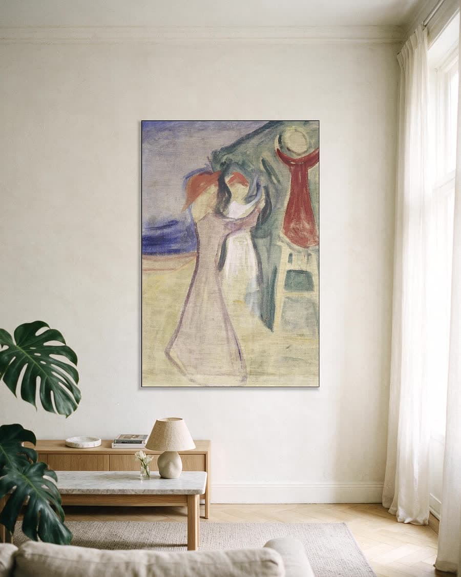 Vrouwen die fruit plukken (De Reinhardt-fries) in een aluminium frame aan dezelfde muur