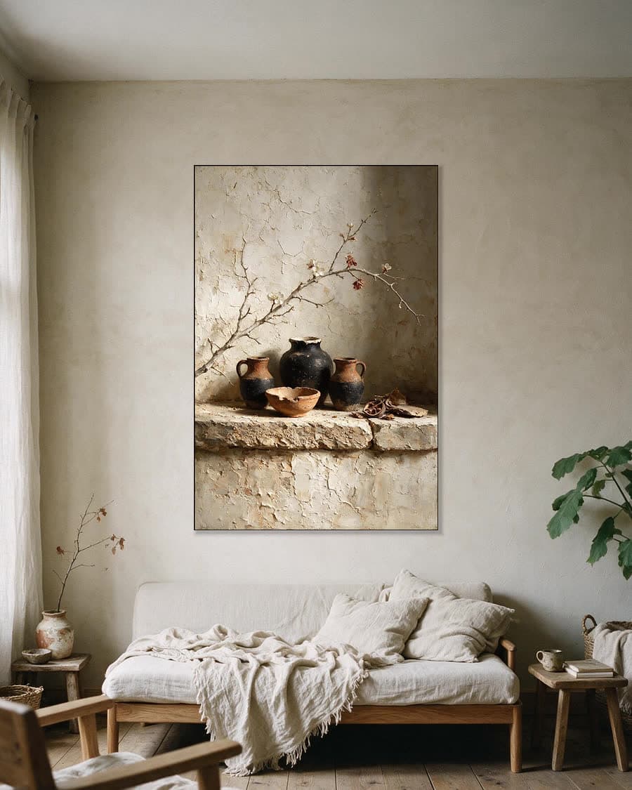 Bloesem over drie kruiken in een aluminium frame aan dezelfde muur