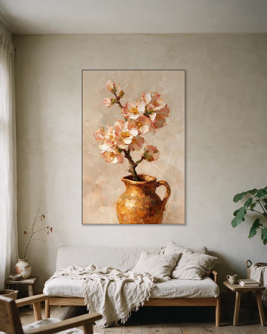 Bloesem in een kruikje in een aluminium frame aan dezelfde muur