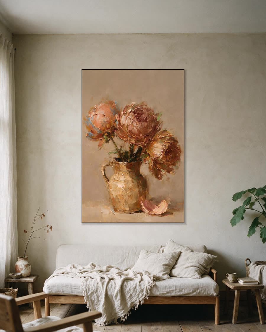 Pioenen in een kruik in een aluminium frame aan dezelfde muur