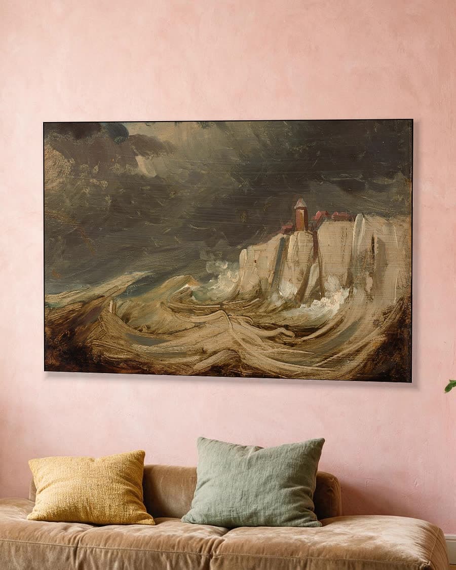 Noodweer aan de kust in een aluminium frame aan dezelfde muur