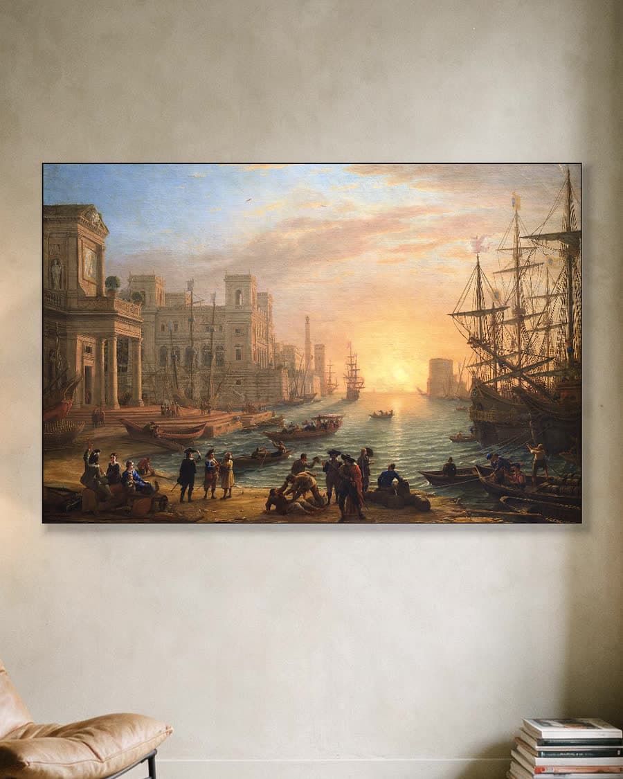 Zeehaven bij ondergaande zon (1639) in een aluminium frame aan dezelfde muur