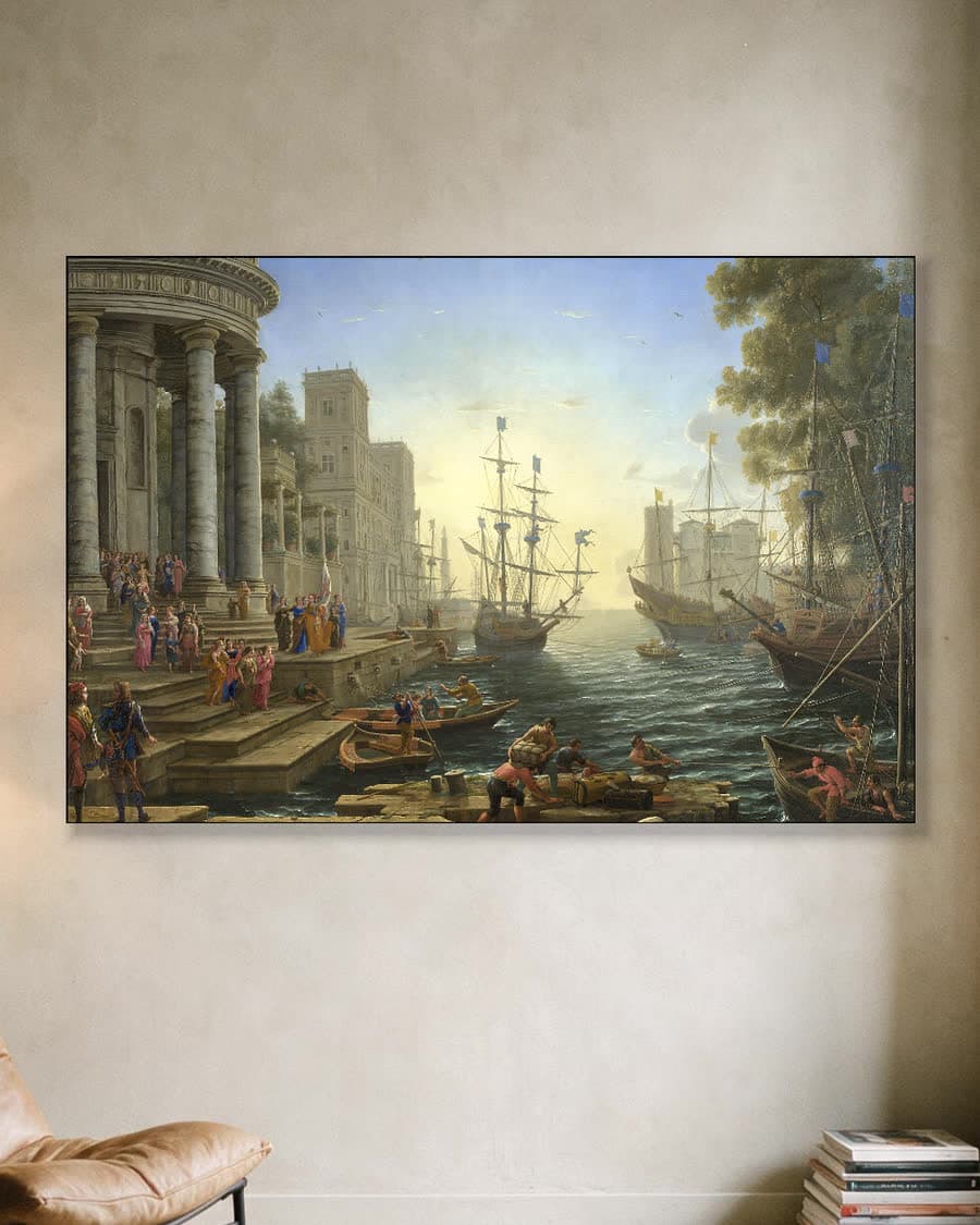 Kustlandschap met het inschepen van Sint-Ursula in een aluminium frame aan dezelfde muur