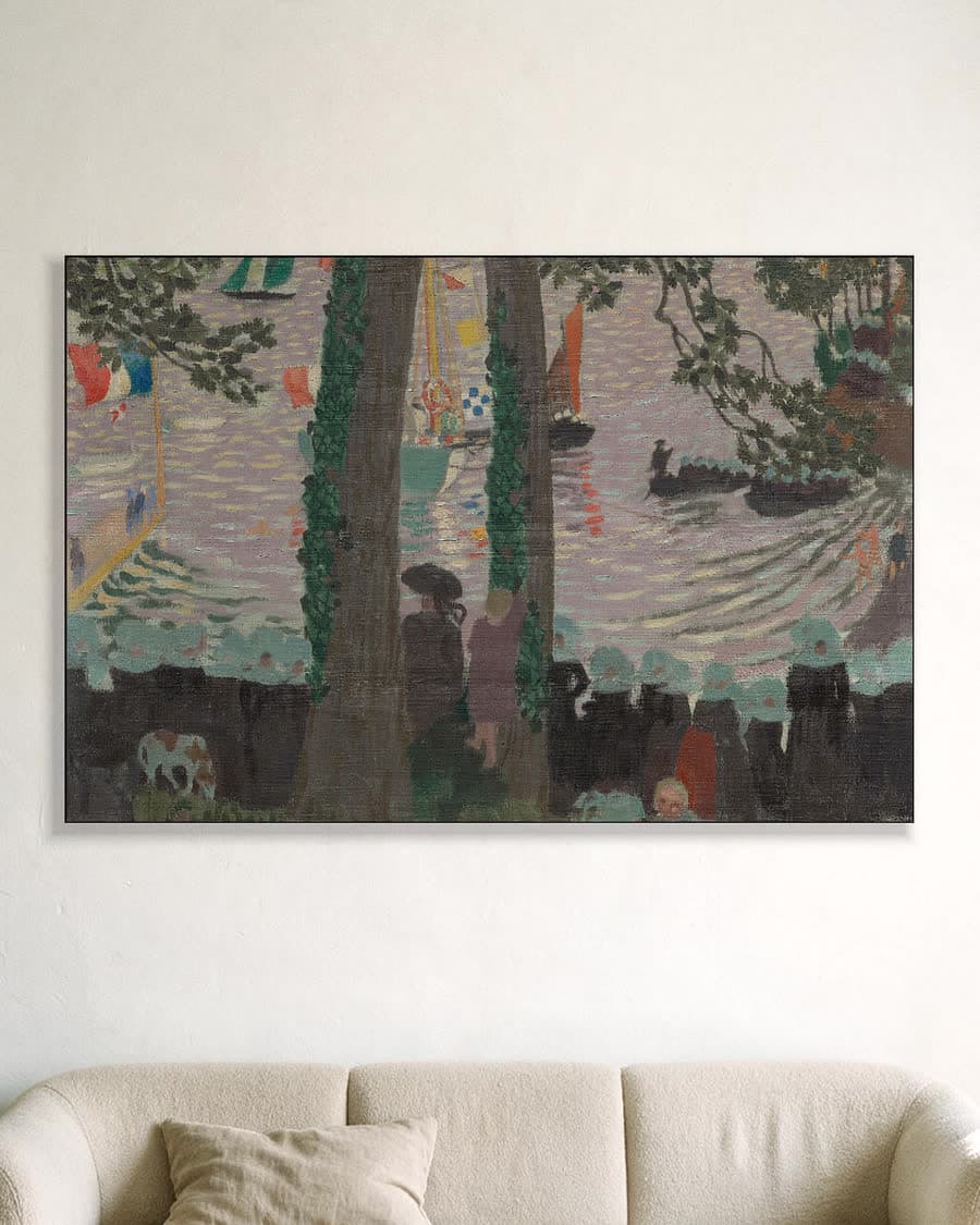 Zegening van een jacht op de rivier de Belon in een aluminium frame aan dezelfde muur
