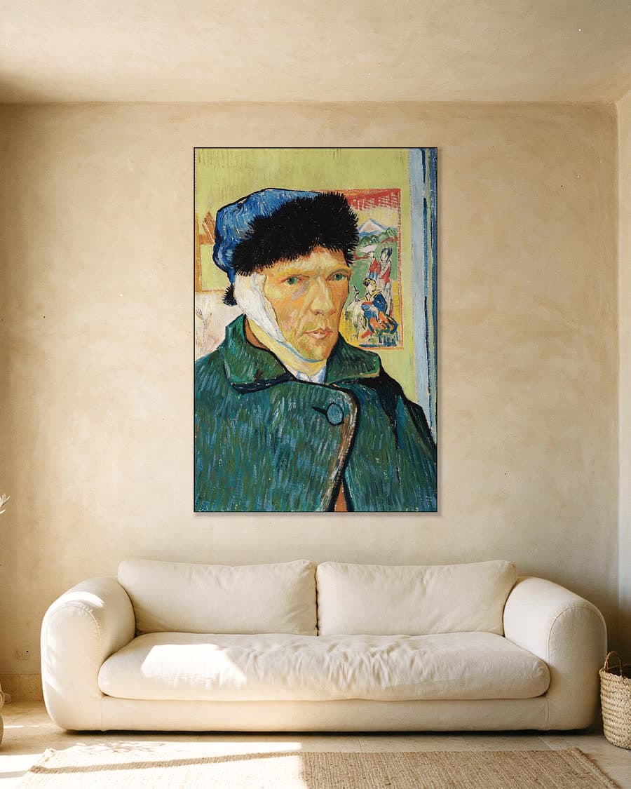 Zelfportret met verbonden oor in een aluminium frame aan dezelfde muur