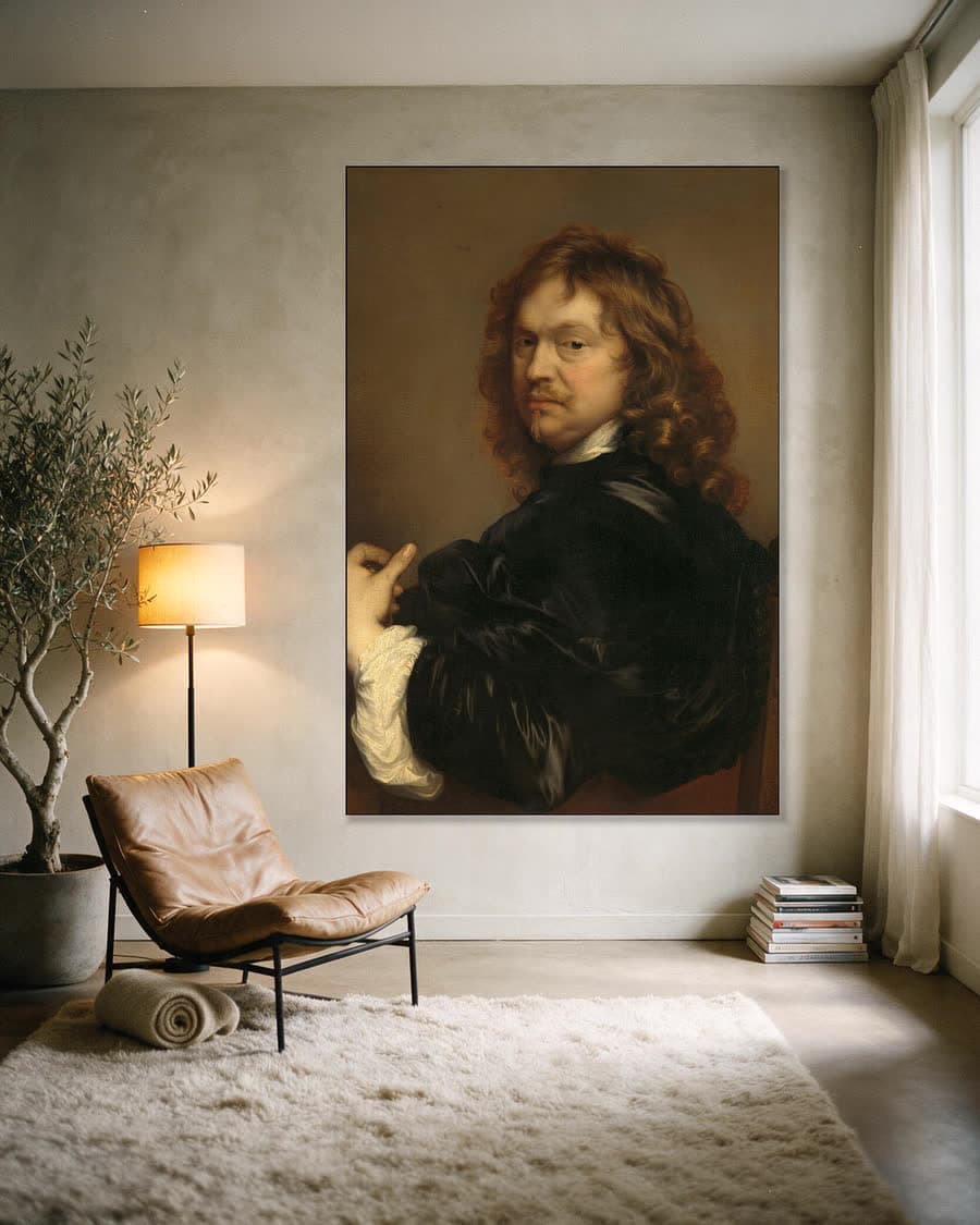 Zelfportret in een aluminium frame aan dezelfde muur