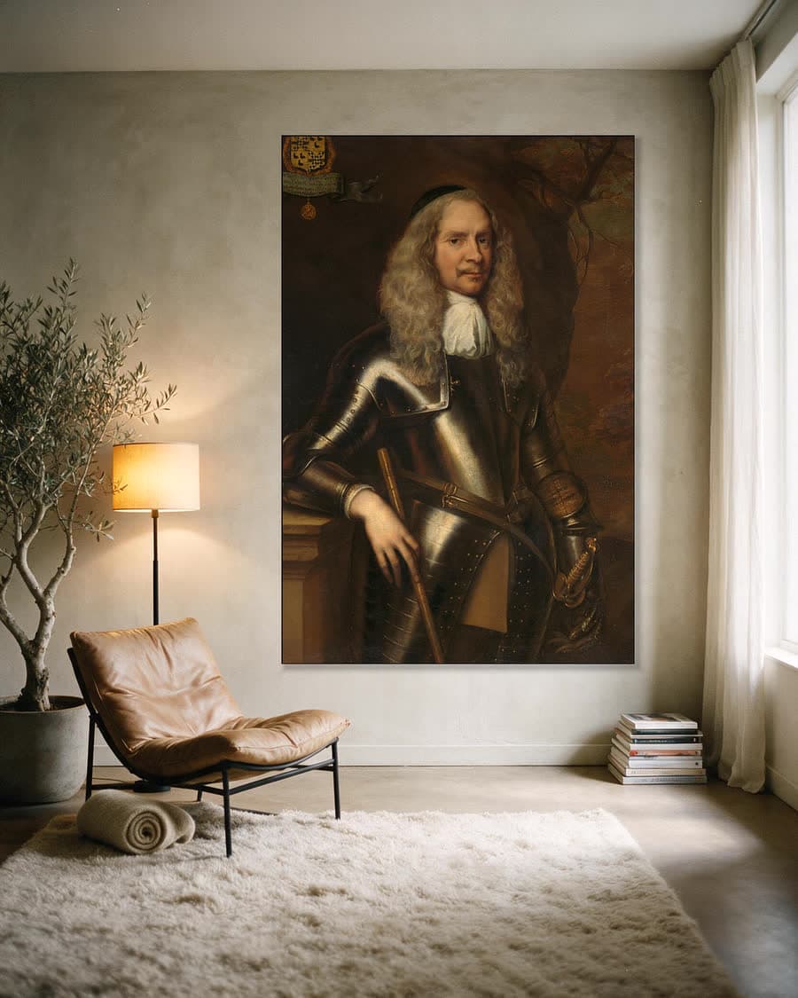 Portret van Cornelis van Aerssen, heer van Sommelsdijk in een aluminium frame aan dezelfde muur