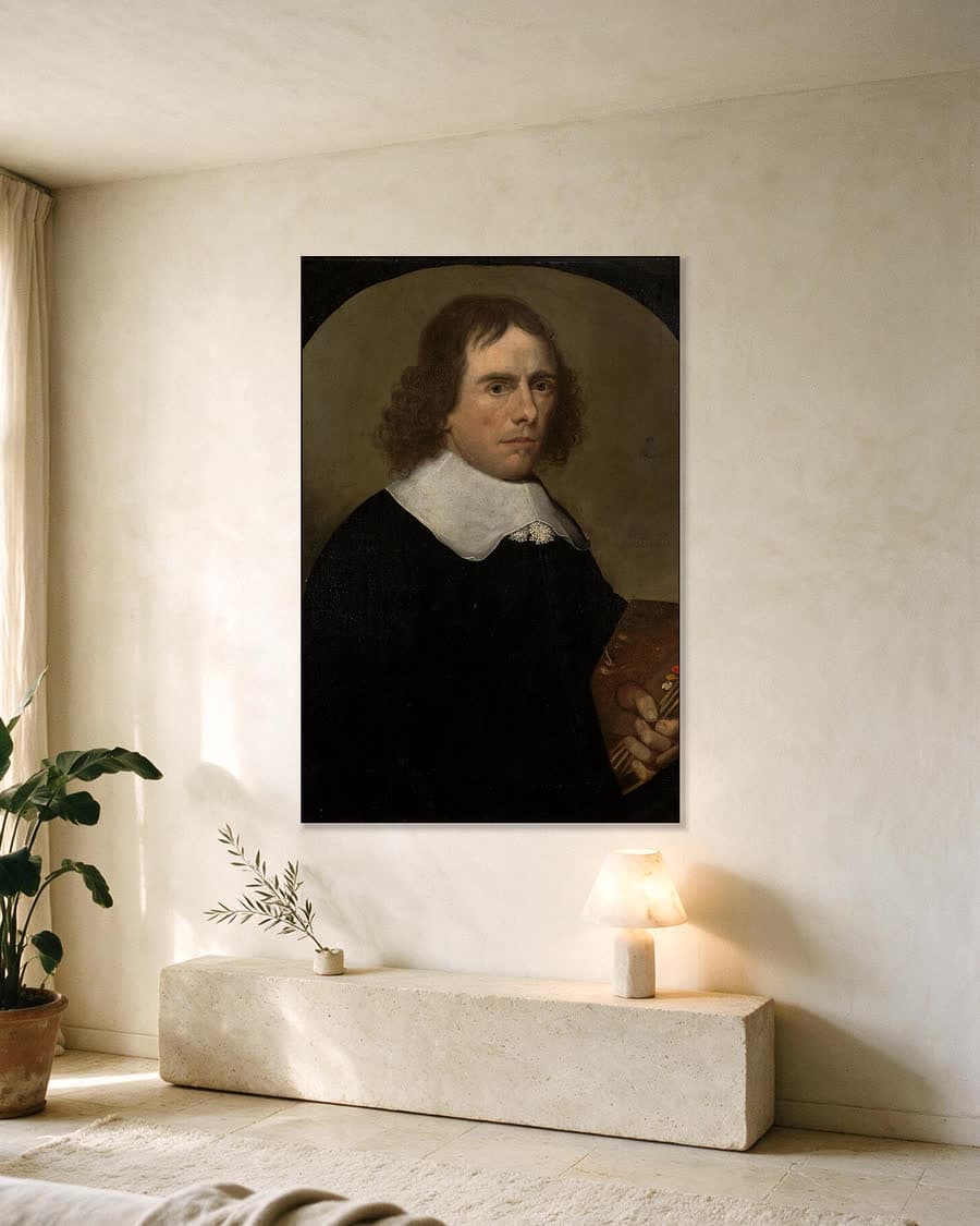 Zelfportret in een aluminium frame aan dezelfde muur