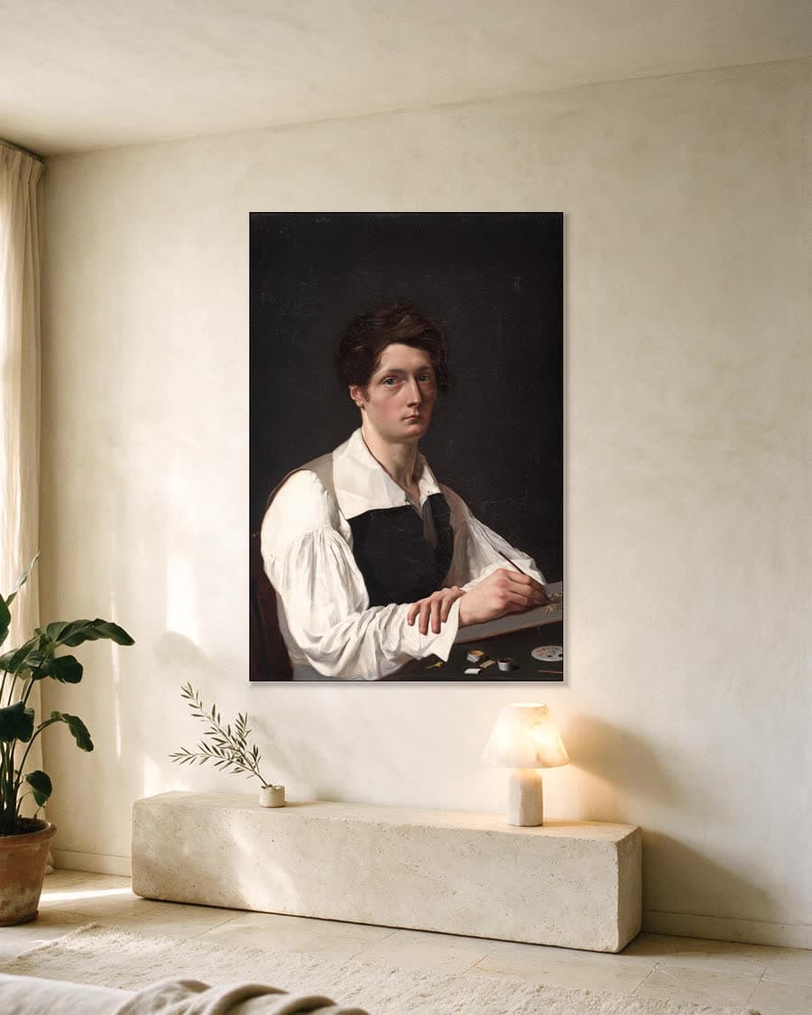 Zelfportret in een aluminium frame aan dezelfde muur