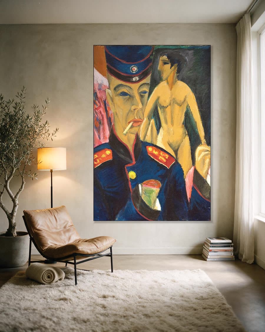 Zelfportret als soldaat in een aluminium frame aan dezelfde muur