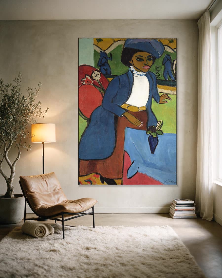 Portret van een vrouw in een aluminium frame aan dezelfde muur