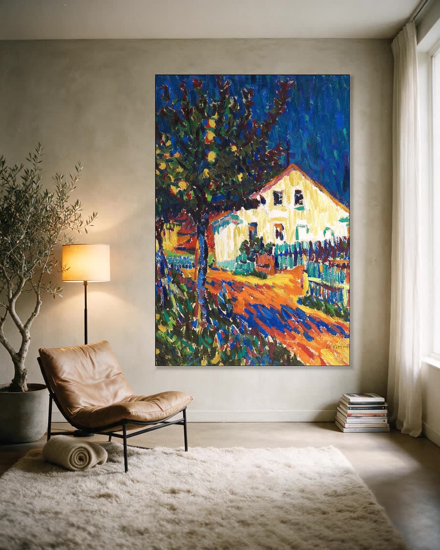Dorpsstraat met appelbomen in een aluminium frame aan dezelfde muur