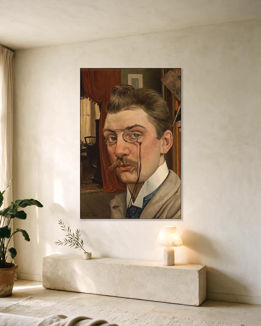 Zelfportret in het atelier in een aluminium frame aan dezelfde muur