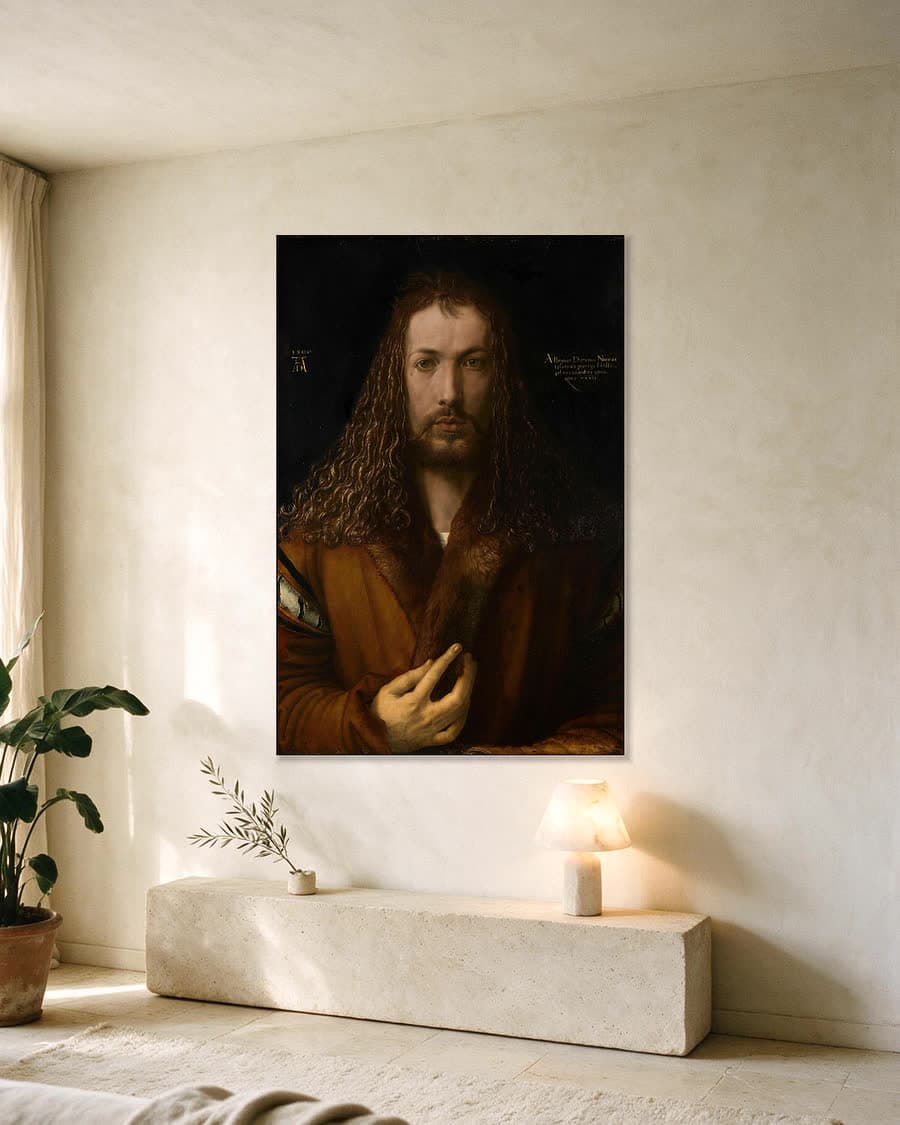 Zelfportret met bontkraag in een aluminium frame aan dezelfde muur