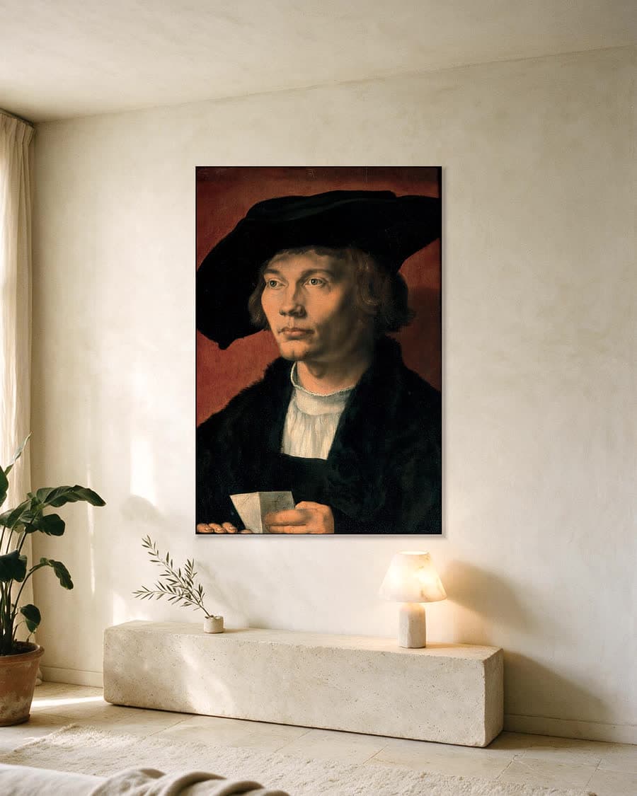 Portret van Bernhart von Reesen in een aluminium frame aan dezelfde muur