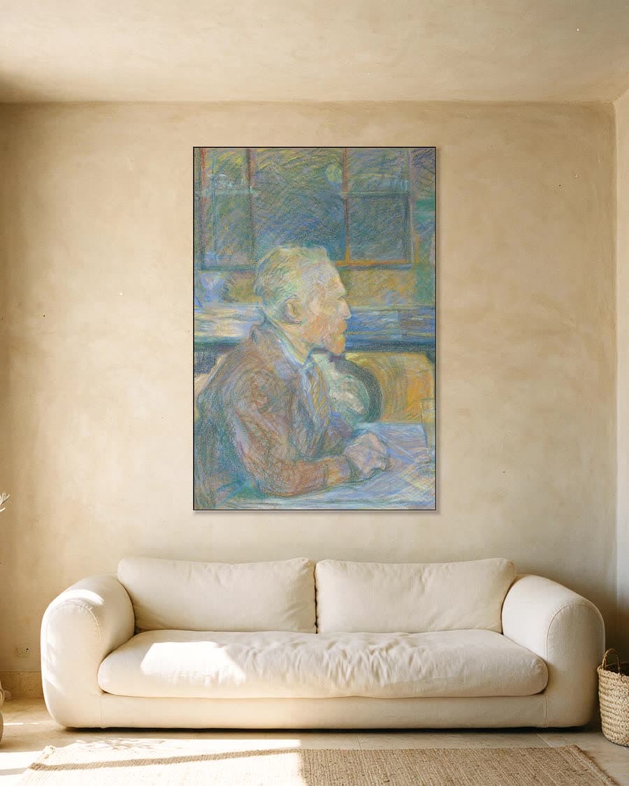 Portret van Toulouse-Lautrec in een aluminium frame aan dezelfde muur