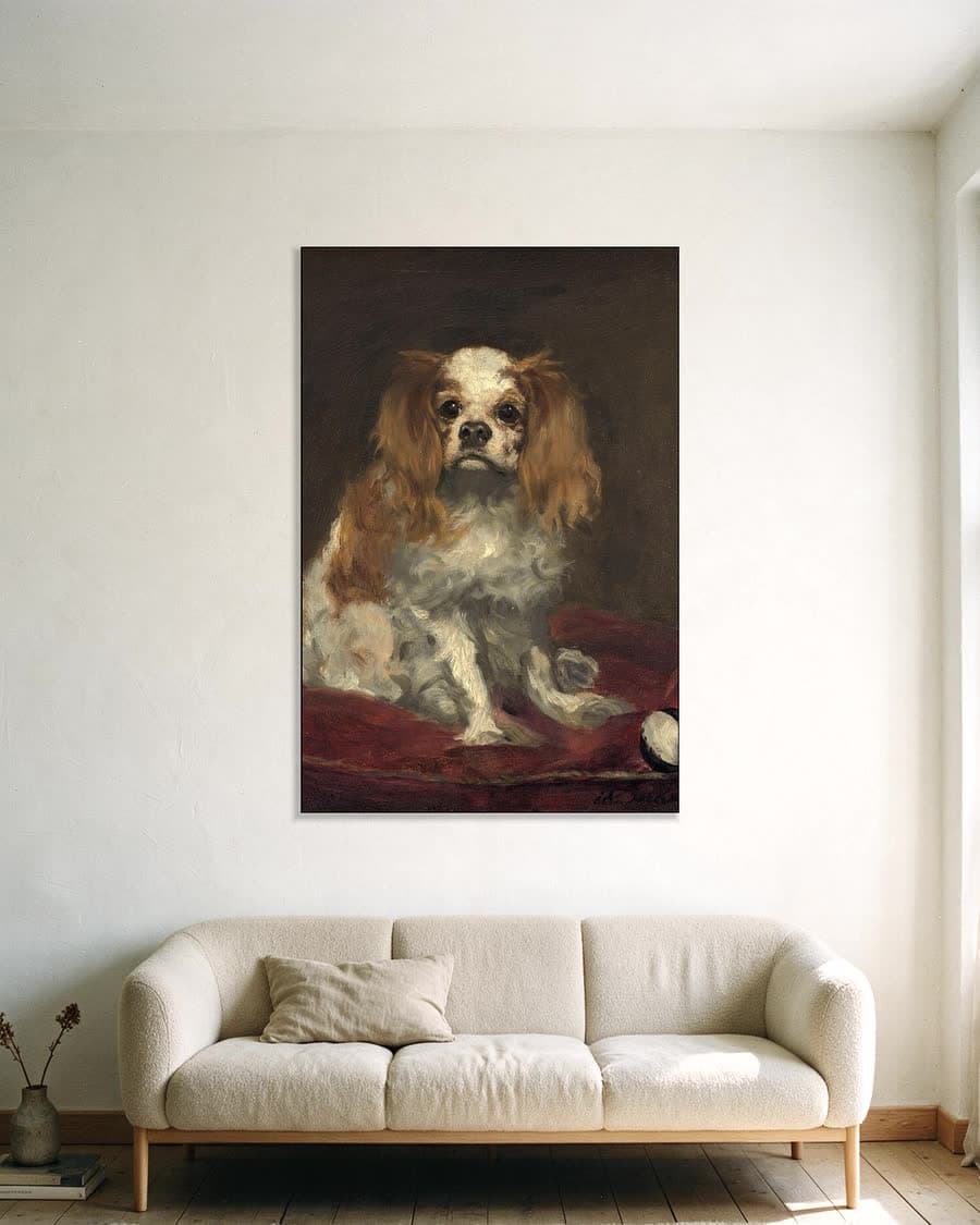 King Charles-spaniël in een aluminium frame aan dezelfde muur