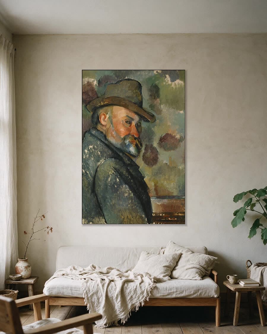 Zelfportret met slappe hoed in een aluminium frame aan dezelfde muur