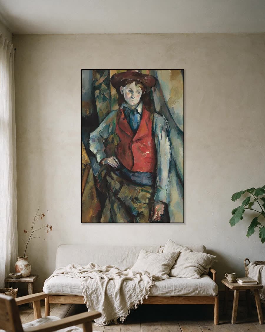 Jongen met rood vest in een aluminium frame aan dezelfde muur