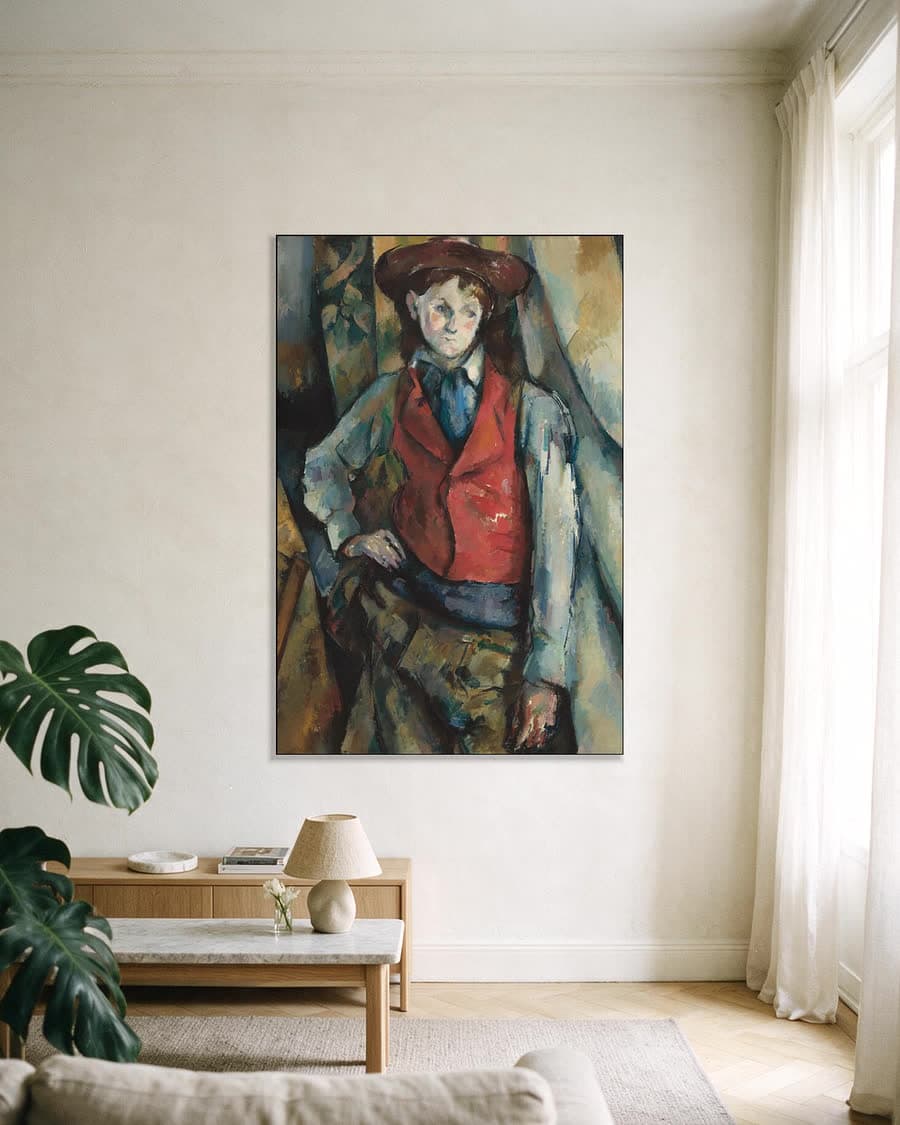 Jongen met rood vest in een aluminium frame aan dezelfde muur