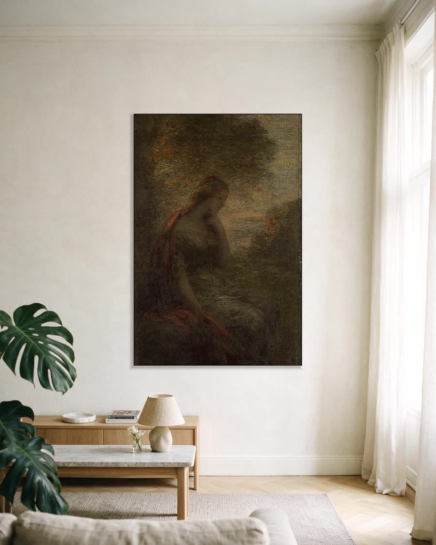 Jonge vrouw onder een boom bij zonsondergang, ook wel Herfst genoemd in een aluminium frame aan dezelfde muur