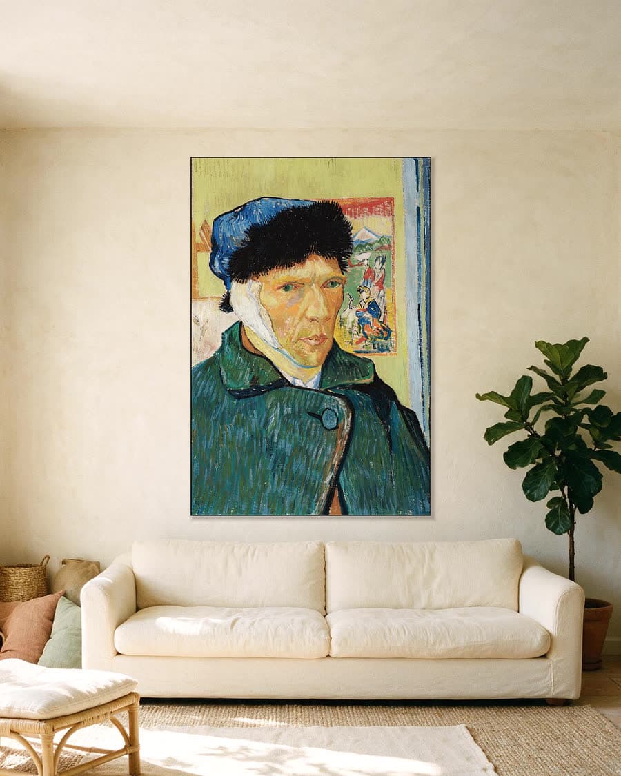Zelfportret met verbonden oor in een aluminium frame aan dezelfde muur