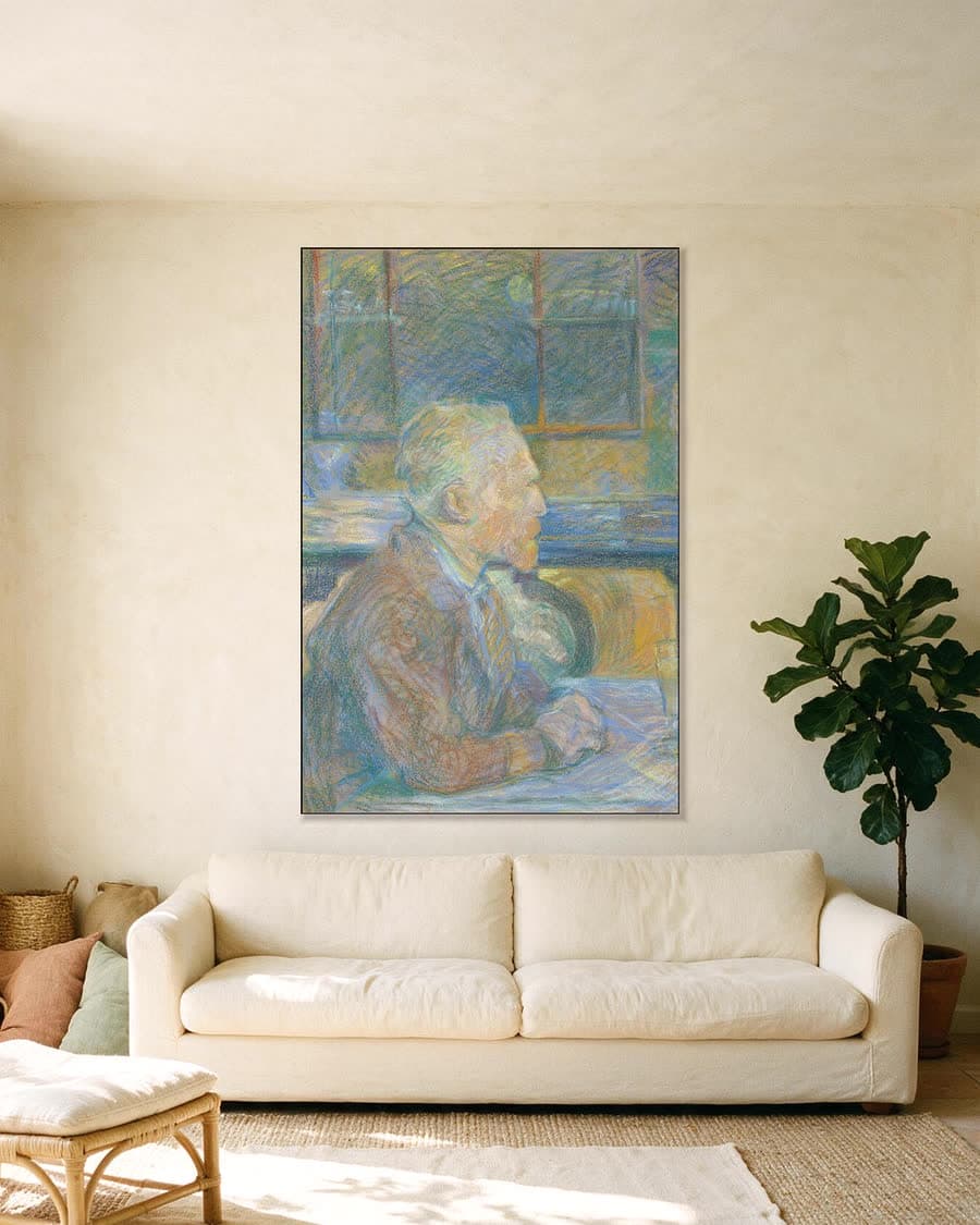 Portret van Toulouse-Lautrec in een aluminium frame aan dezelfde muur