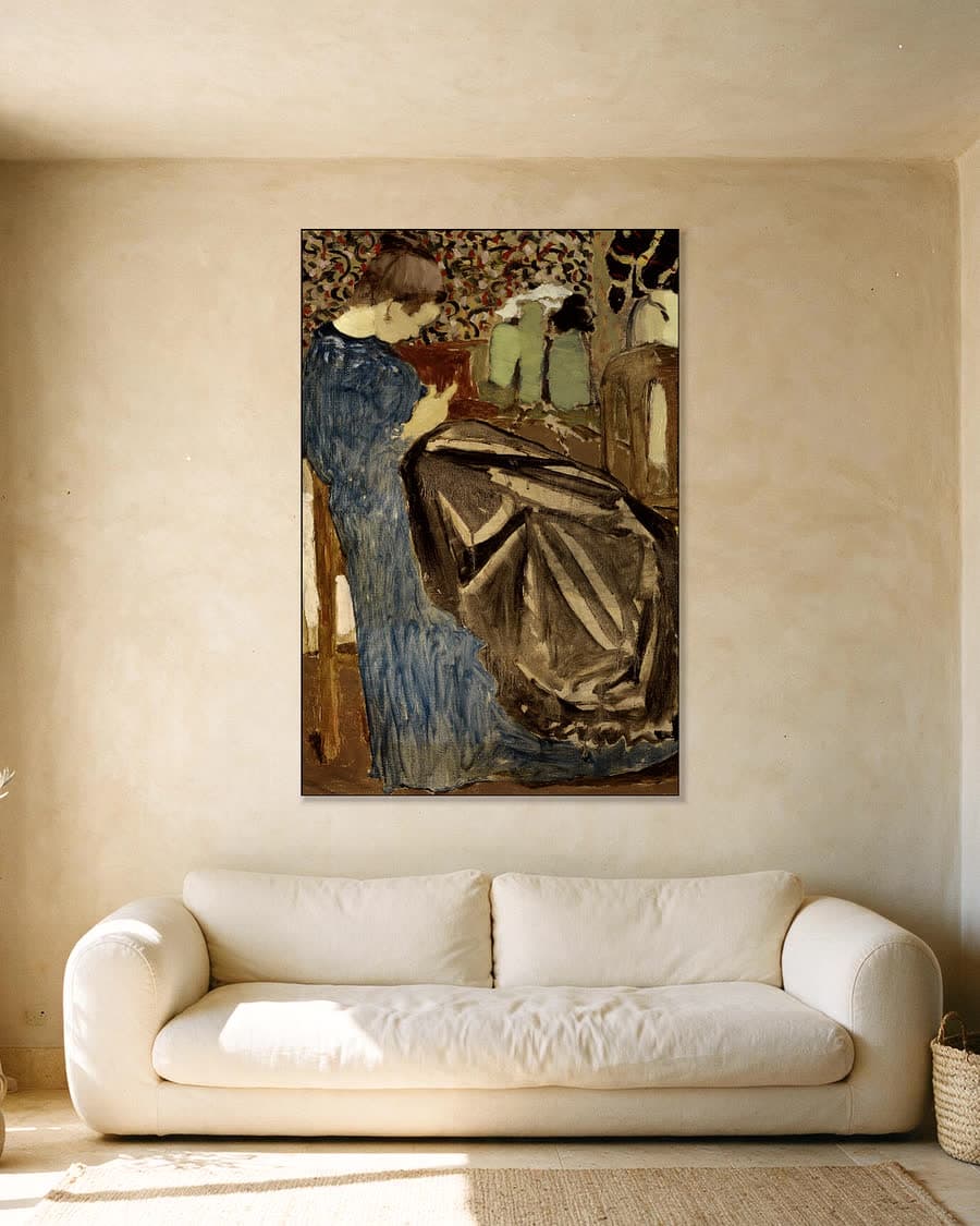 De naaister in een aluminium frame aan dezelfde muur