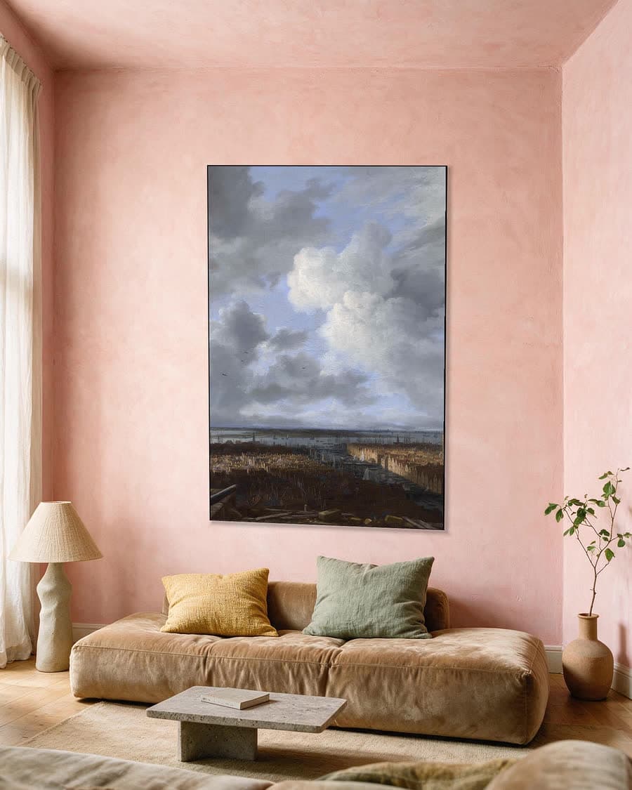 Gezicht op Amsterdam in een aluminium frame aan dezelfde muur