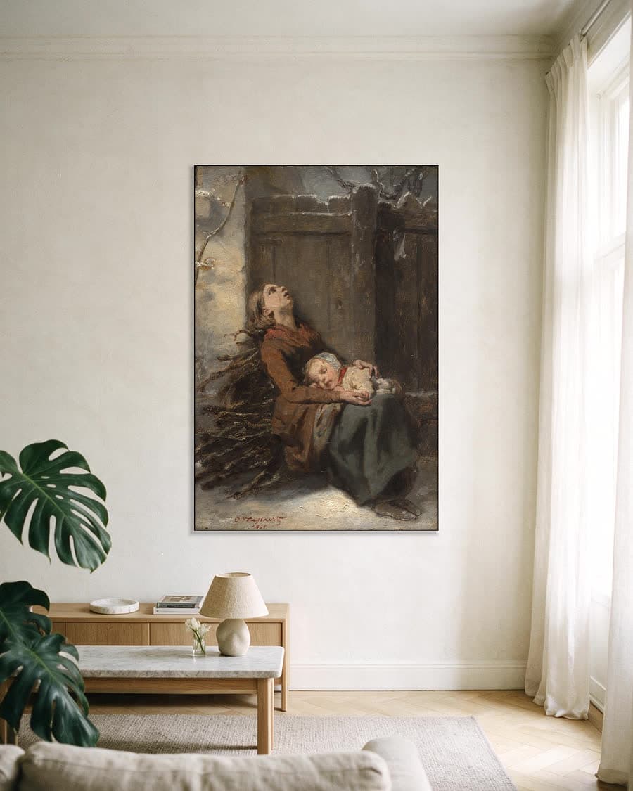 Berooide gestorven moeder met haar slapende kind in de winter in een aluminium frame aan dezelfde muur