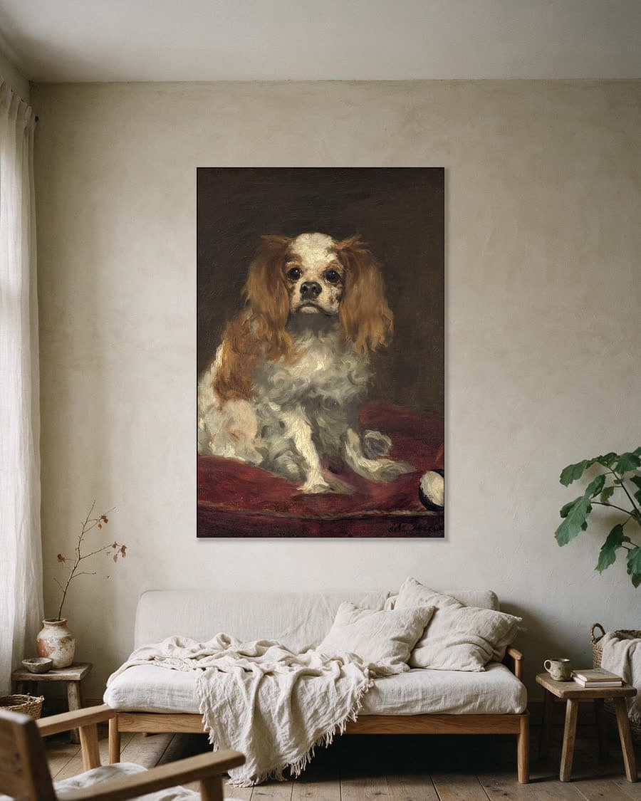 King Charles-spaniël in een aluminium frame aan dezelfde muur