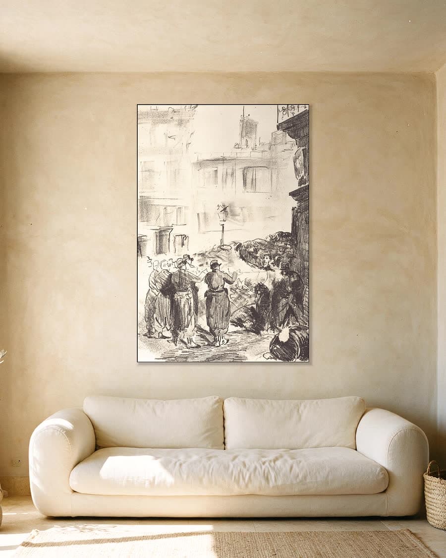 De barricade (La barricade) in een aluminium frame aan dezelfde muur