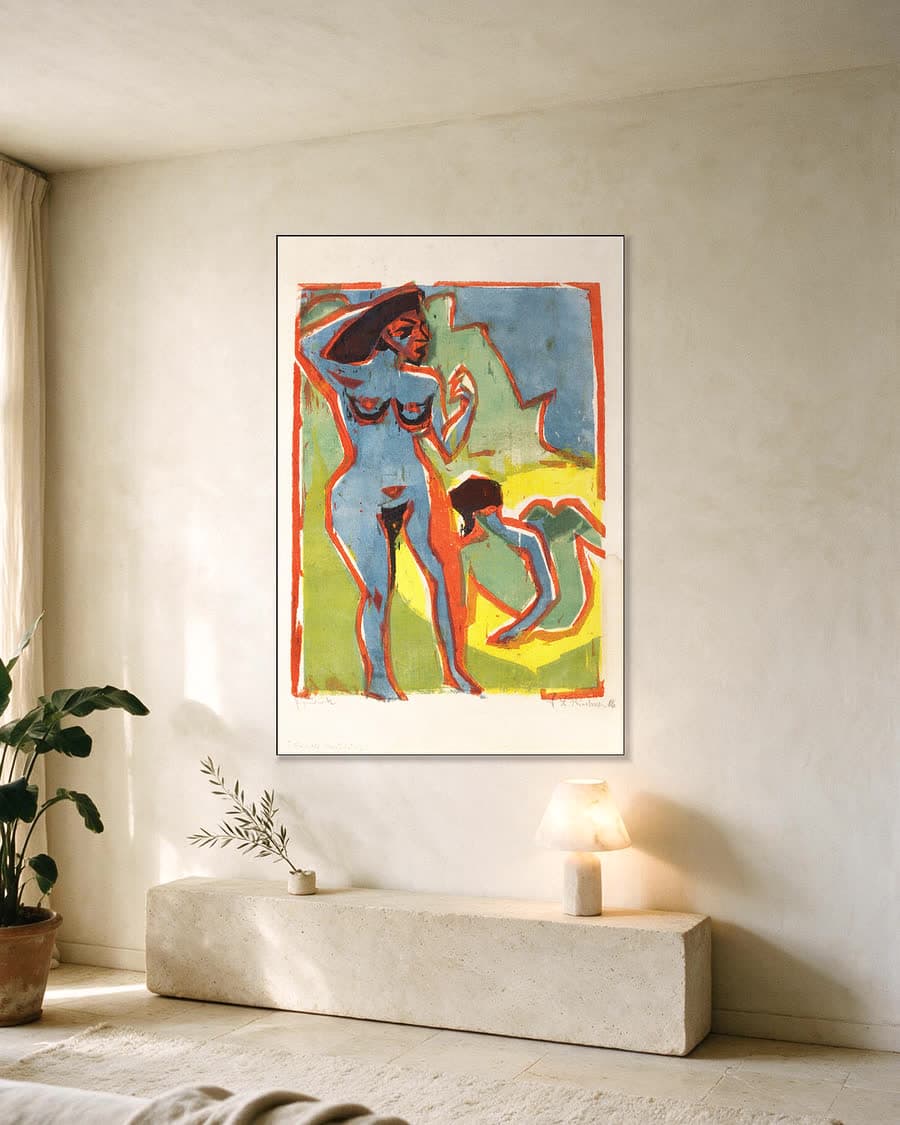 Badende vrouwen bij Moritzburg in een aluminium frame aan dezelfde muur