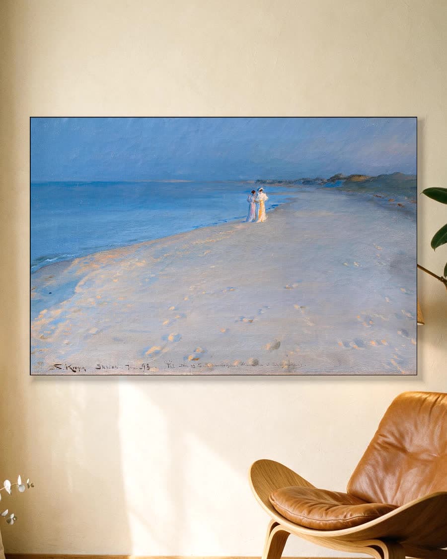 Zomeravond op het zuiderstrand van Skagen, Anna Ancher en Marie in een aluminium frame aan dezelfde muur