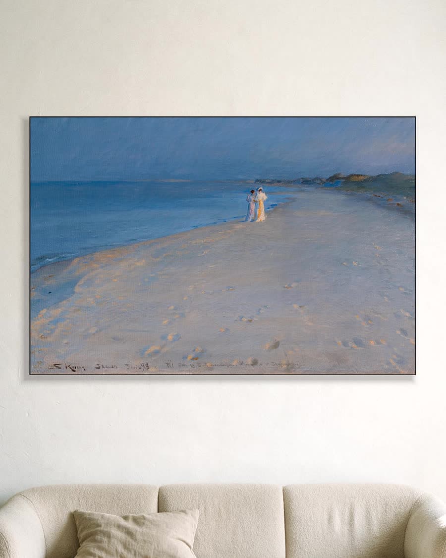 Zomeravond op het zuiderstrand van Skagen, Anna Ancher en Marie in een aluminium frame aan dezelfde muur