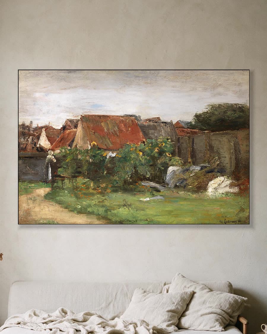 Dorpshuizen met zonnebloemen, 1890 in een aluminium frame aan dezelfde muur