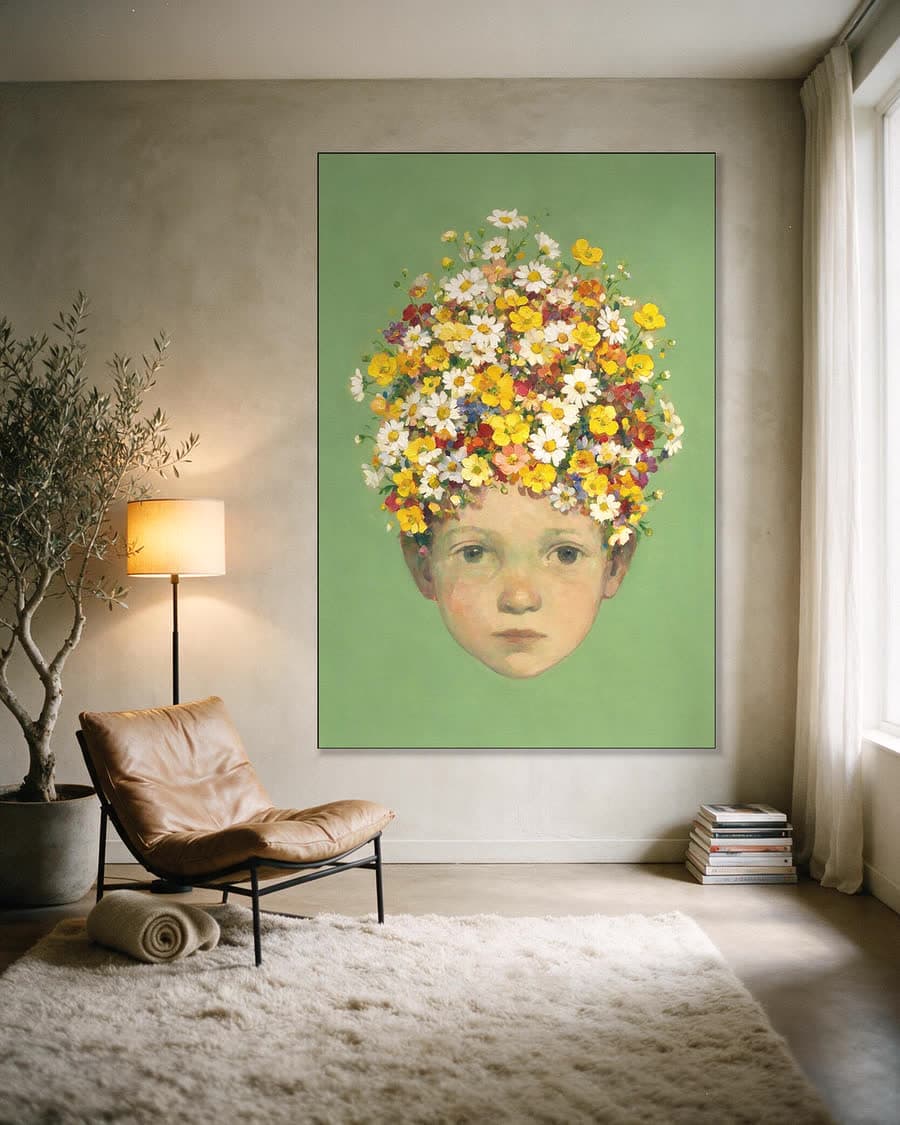 Kind met madelieven in een aluminium frame aan dezelfde muur