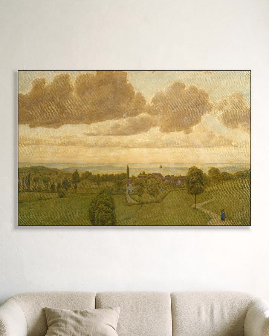 Gouden Avond boven het Dorp in een aluminium frame aan dezelfde muur