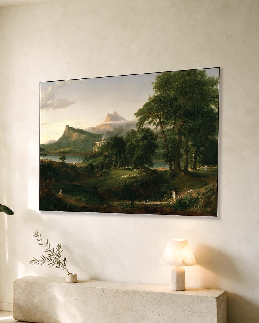 Idyllisch Landschap met Klassieke Tempel in een aluminium frame aan dezelfde muur