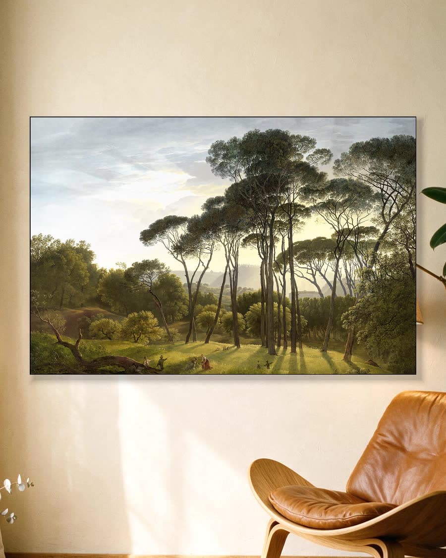 Zonnig boslandschap in een aluminium frame aan dezelfde muur