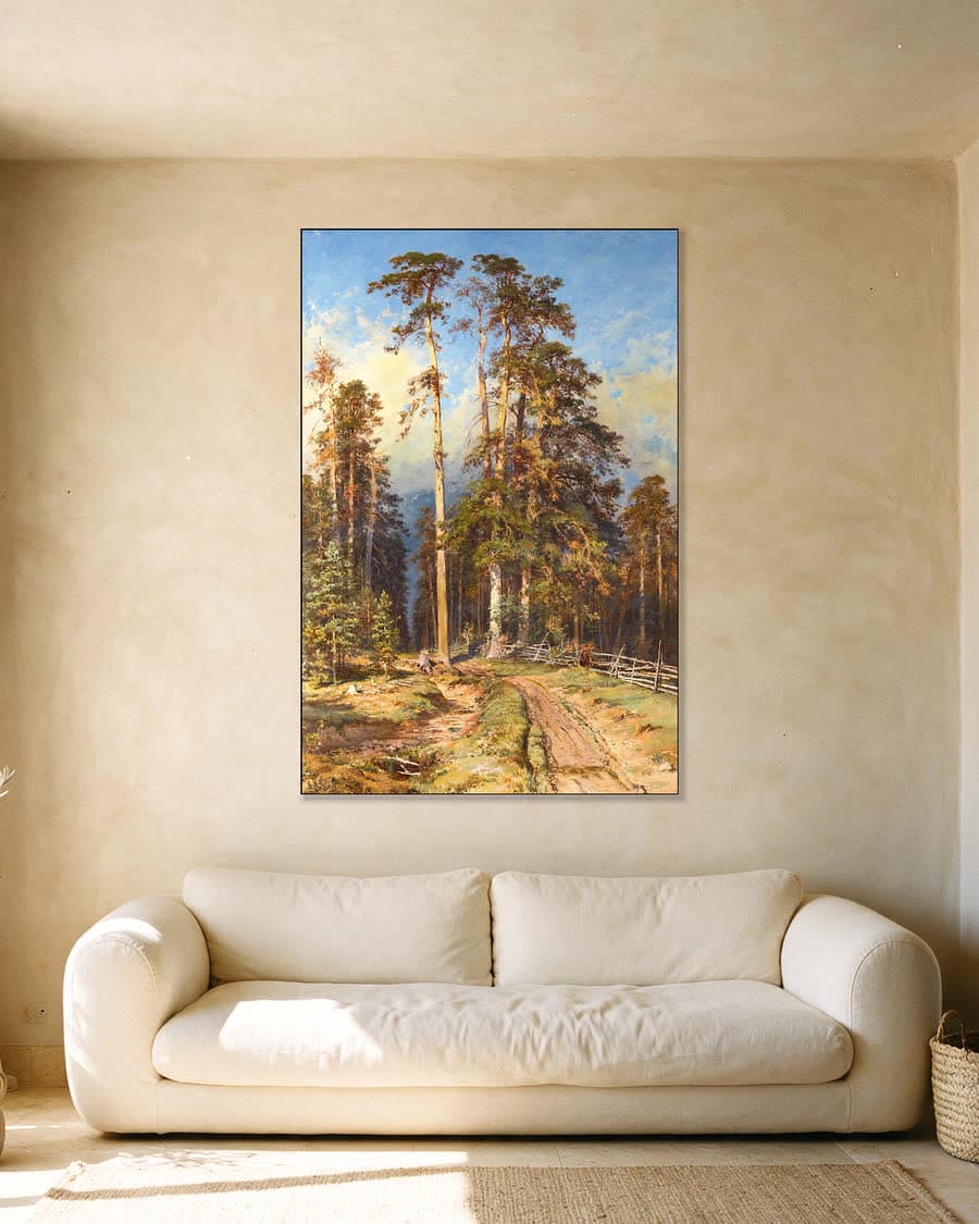 Dennenbos in een aluminium frame aan dezelfde muur