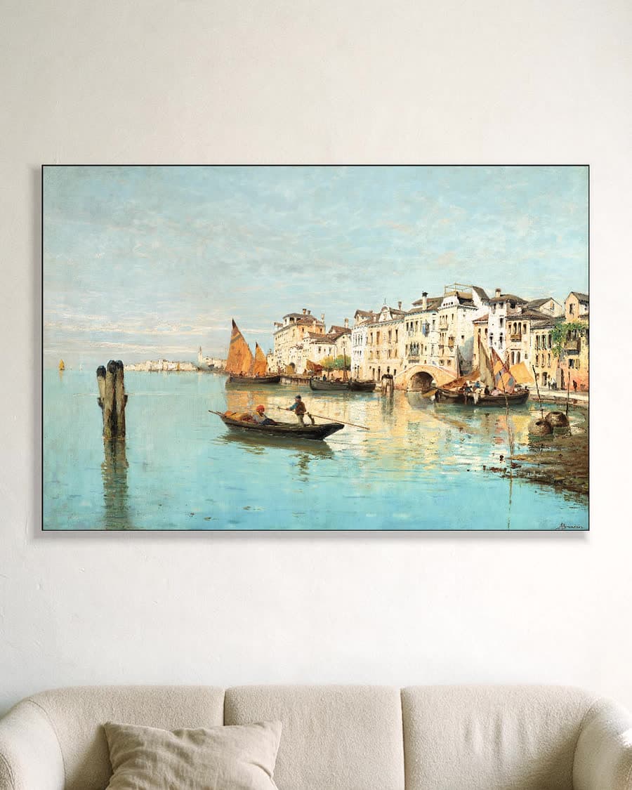 Zonnige dag aan de Venetiaanse gracht in een aluminium frame aan dezelfde muur