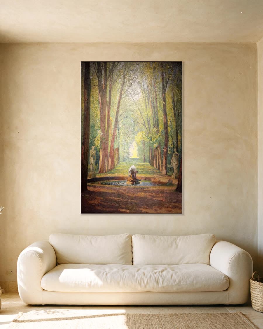 Zonnige laan met fontein in een aluminium frame aan dezelfde muur