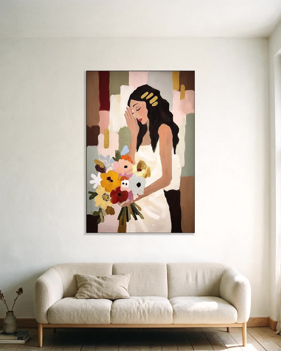 Bruid met veldboeket in een aluminium frame aan dezelfde muur