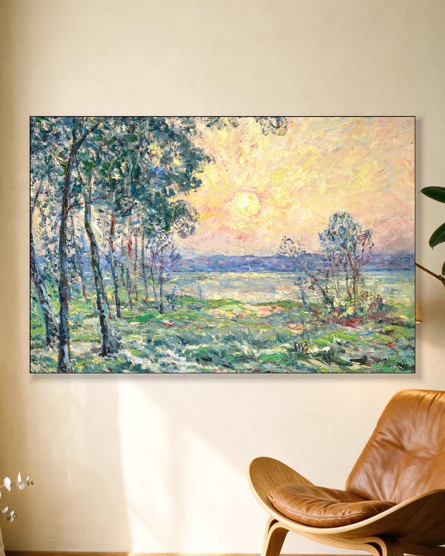 Zonsondergang aan het water in een aluminium frame aan dezelfde muur