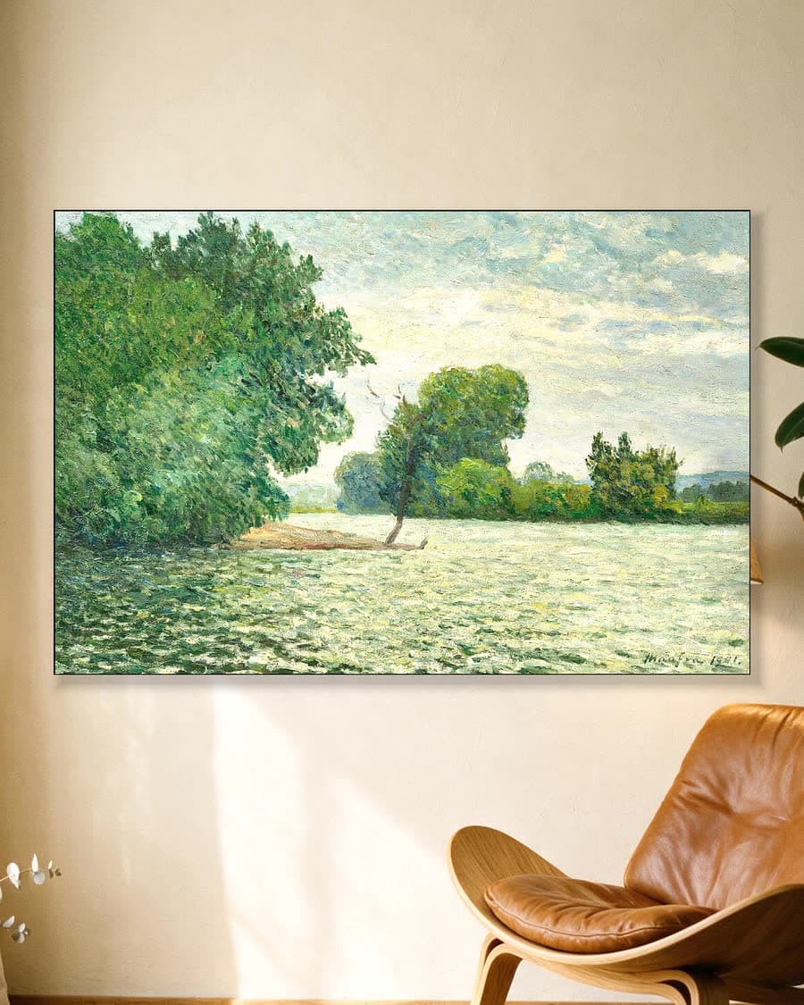 Rustig rivierlandschap in een aluminium frame aan dezelfde muur