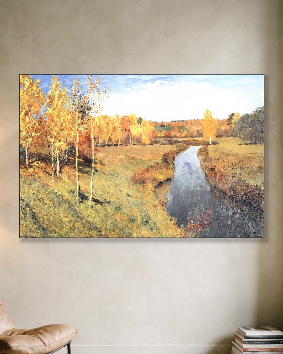 Gouden herfst aan de rivier in een aluminium frame aan dezelfde muur