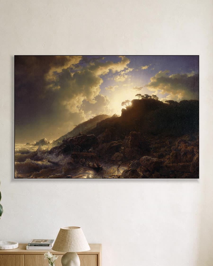 Zonsondergang na een storm aan de kust van Sicilië in een aluminium frame aan dezelfde muur